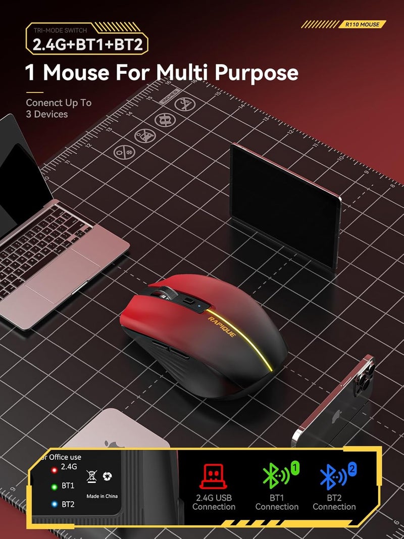 RAPIQUE Bluetooth Wireless Mouse - (BT1/BT2+USB) Tri-Mode High Performance, Rechargeable, Multi-Device Compatible with PC/Laptop/Computer/MacBook/iPad Air Pro (Red Gradient) - Image 4